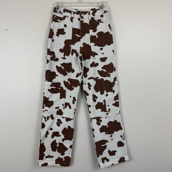 Forever 21 Cow Print High Waist Straight Leg Carpenter Cargo Jeans Brown Cream S - Picture 1 of 16